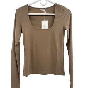 Thakoon Womens Mink Ribbed Knit Square Neck Top Long Sleeve Size S NWT